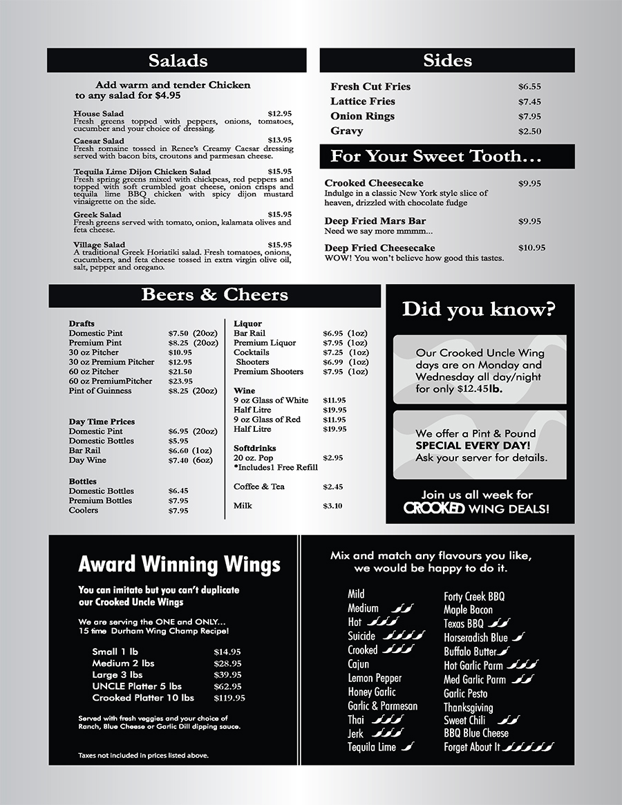 The Crooked Uncle Menu